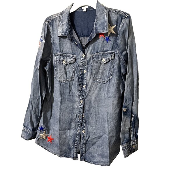 Reba Light Denim Button Up Shirt Patriotic Stars Size Medium - Picture 3 of 5